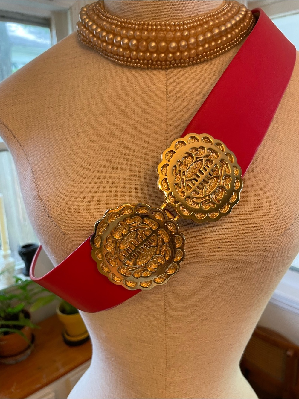Mimi Di N 1975 Signed Adjustable Red Belt with Decorative Gold Medallion Buckles